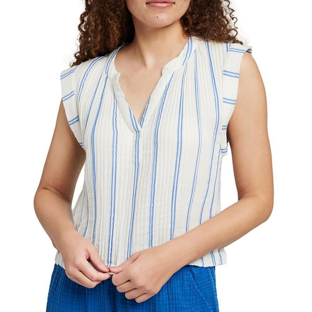 Faherty Dylan Stripe Organic Dream Cotton Gauze V Neck Cap Sleeve Top Womens L